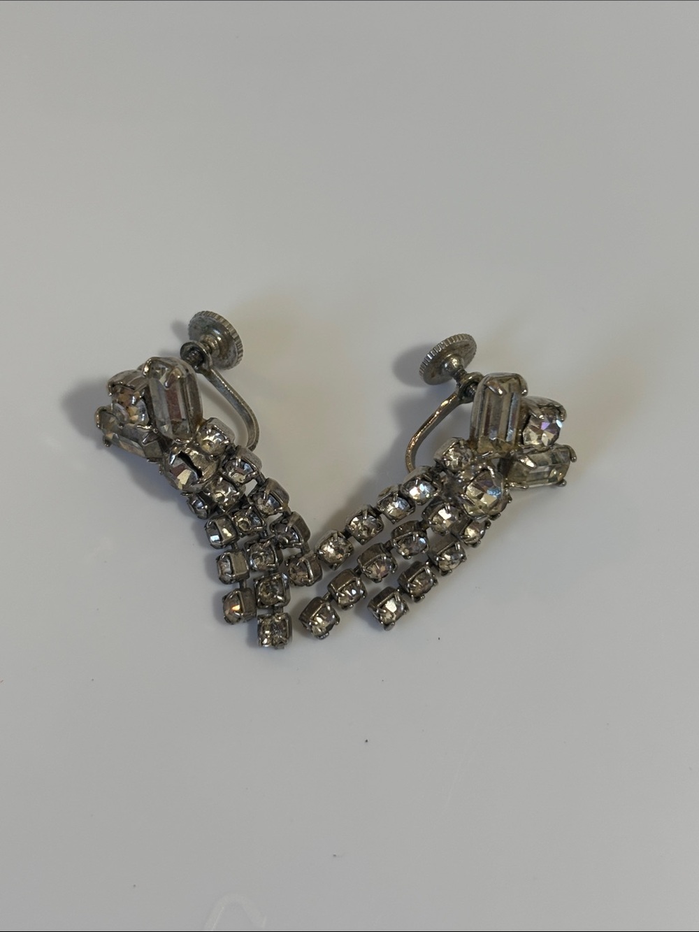 Vintage Silver Crystal Dangle Clip-On Earrings